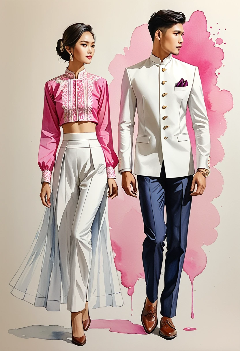 candid fashion illustration of two young man and women, 20-27 year old, adorned in a meticulously crafted North Thai traditional outfits, Lampang, ((showcase fashion Lanna style in cotton handwoven in pink)), simple elegant style, The man wears a simple long-sleeved white mandarin collar suit, paired with Tailor pants, and oxford shoes, The woman complements him with ankle-length tubular skirt, simple minimal patterns details, fitted intricately decorated waist-length blouse that complements the skirt, standing, Captured in full-body image, ((imperfect water color background)), sketching, realistic drawing, imperfect water color painting, fashion look book, fashion illustrator, sketch design,