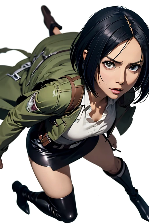 Highest quality　High resolution　Simple　Attack on Titan　Mikasa Ackerman　Mikasa Ackermanコスプレをする可愛い女の子　White Hair　Pointed Ears　White shiny outfit　mini skirt　boots　head to feet