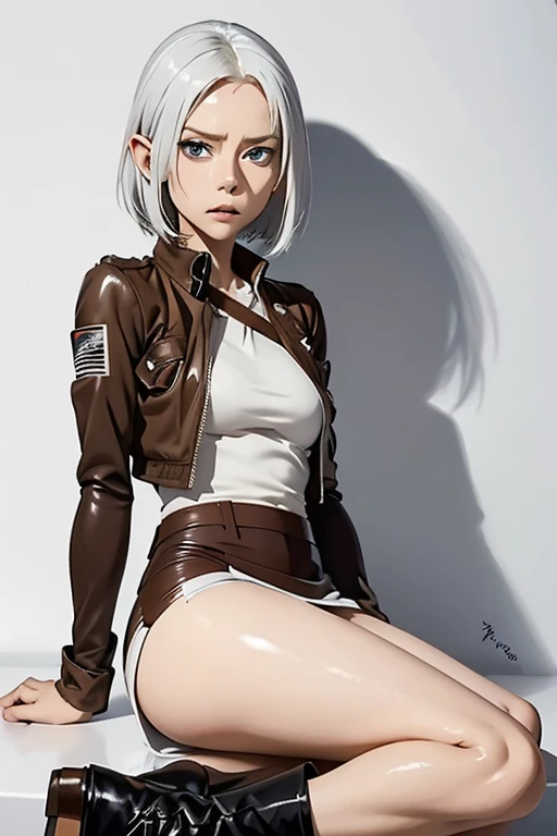 Highest quality　High resolution　Simple　Attack on Titan　Mikasa Ackerman　Mikasa Ackermanコスプレをする可愛い女の子　White Hair　Pointed Ears　White shiny outfit　mini skirt　boots　head to feet