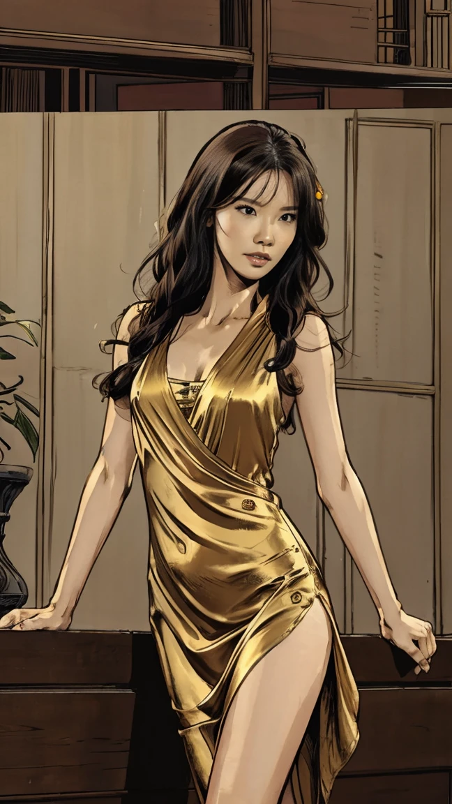 Beautifull, Toned body, Korean woman, toned body, slim legs, silk dress, gorgeous, Cleopatra hair, Gardencore, Comic Artstyle 2D