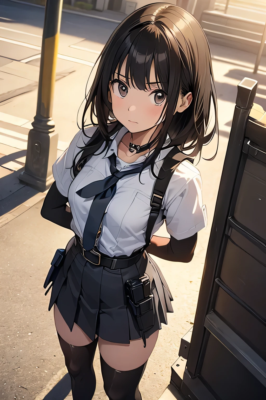 high quality, masterpiece, Ultra-high resolution, (Realism: 1.4), Oil painting style, Cinema Lighting, , I stood on the empty asphalt road and looked at it., And the suspenders with the cranes flying　　Moderate breasts　 　 　　　　Small face　 　　　holster　　　　　　　 Lying in bed　Looking up　　　　Sweat 　　　belt　buzzer　脇Sweat 　Black Hole Gloves　suit　　　　 mini skirt　garterbelt　Leg Links　Belt on trousers　　holster　 　　Hands behind your back　 Anxious expression　Looking up　Anxious face　Knee-high　Knee socks　Knee-highソックス garterbelt　garter　Garterbelt on thighs Long hair