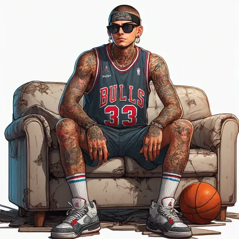 arafed man sitting on a couch with a basketball ball and sunglasses, wearing nba jersey, by eddie mendoza, style of gta v artwor...