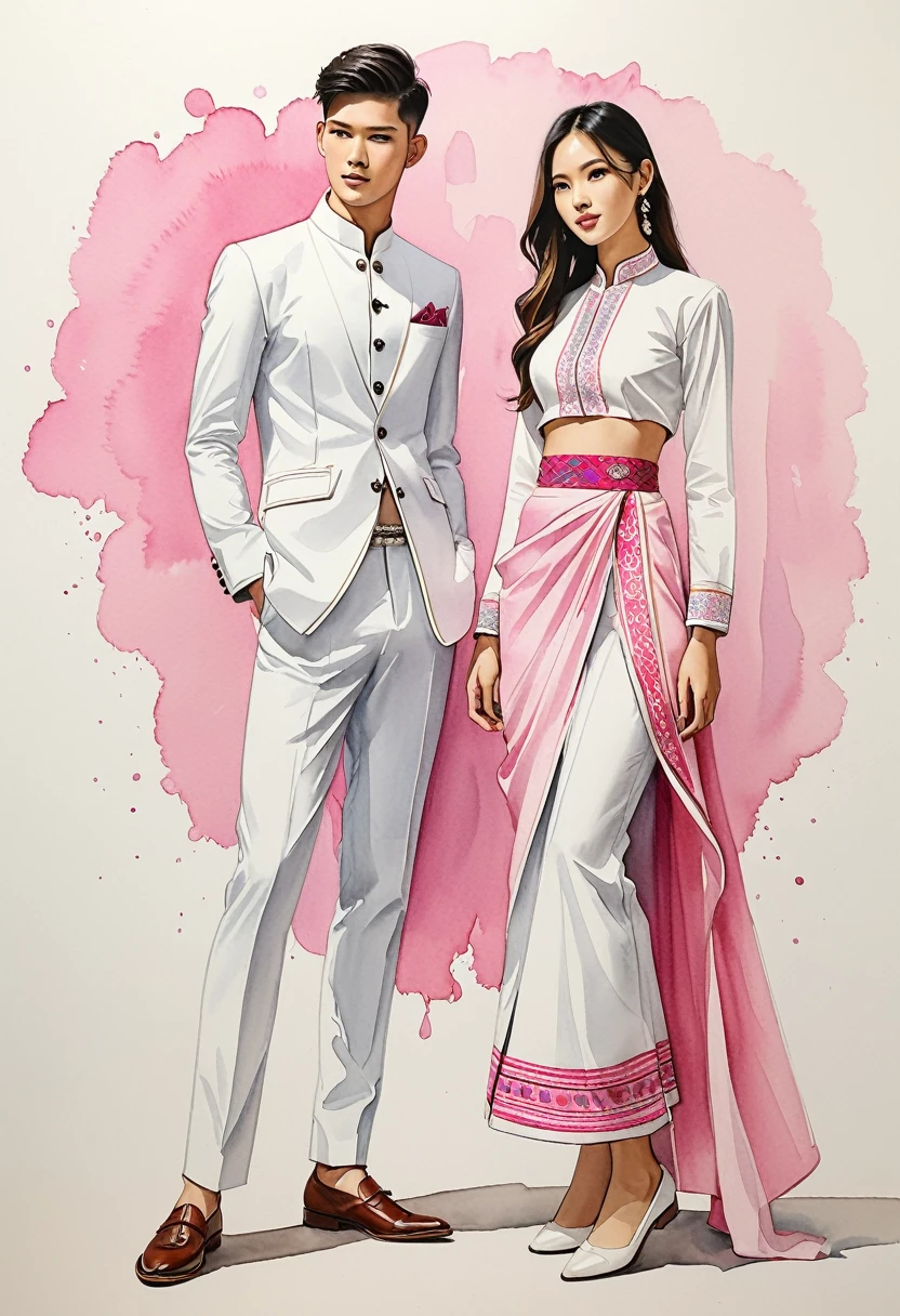 ilustración de moda sincera de dos hombres y mujeres jóvenes, 20-2, adornado con trajes tradicionales del norte de Tailandia meticulosamente elaborados, Tipo, ((escaparate de moda estilo Lanna en algodón tejido a mano en color rosa)), estilo sencillo y elegante, El hombre viste un sencillo traje blanco de manga larga con cuello mao., combinado con pantalones de sastre, y zapatos oxford, La mujer lo complementa con un sarong que le llega a los tobillos., detalles de patrones minimalistas simples, blusa ajustada hasta la cintura intrincadamente decorada que complementa la falda, de pie, Capturado en imagen de cuerpo completo., ((fondo de color de agua imperfecto)), dibujando, dibujo realista, pintura de acuarela imperfecta, libro de look de moda, ilustrador de moda, diseño de boceto,