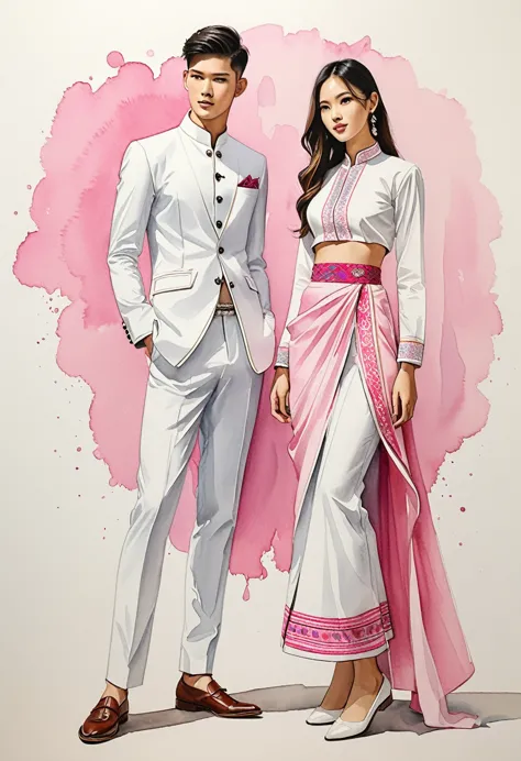 candid fashion illustration of two young man and women, 20-27 year old, adorned in a meticulously crafted North Thai traditional...