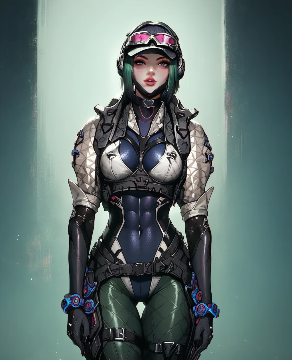 score_9, score_8_up, woman, athletic body, hourglass body, Ela Bosak from Rainbow Six Siege, seductive pose, Standing, tactical gear, green hair, thigh straps, clothed, revealing clothes, seductive face, beautiful eyes, detailed eyes, city scape background, black cap, pink goggles on cap, green yoga pants, black nails, choker