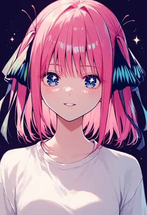 girl, pink hair, dark background, nino nakano, score_9, score_8_up, score_7_up, score_6_up, source anime,  pink hair, blue eyes,...