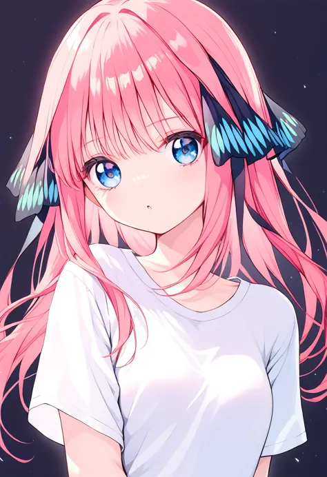 girl, pink hair, dark background, nino nakano, score_9, score_8_up, score_7_up, score_6_up, source anime,  pink hair, blue eyes,...