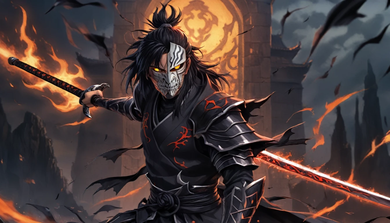 ninja mask, black hair, cape,close up, black heavy detailed clothes, katana, art, dark and malevolent, hand sword, armor, powerful and intimidating, (masterpiece, best quality, ultra-detailed, best shadow), (detailed background, dark fantasy) dramatic light, intricate details, dark and malevolent, powerful and intimidating, Dark and foreboding, malevolent force, sinister and chilling, armor, high detailed background, girl in demon slayer art, demon slayer art style, epic anime art, God death