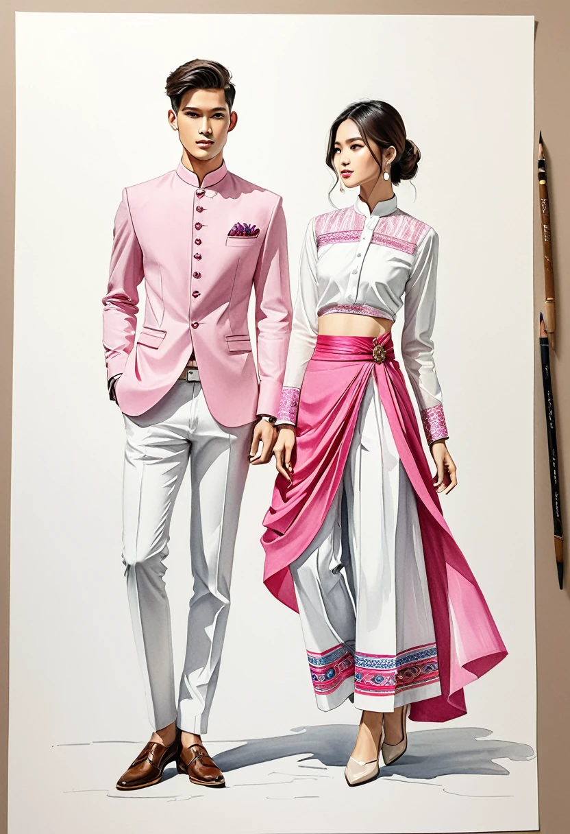 ilustración de moda sincera de dos hombres y mujeres jóvenes, 20-2, adornado con trajes tradicionales del norte de Tailandia meticulosamente elaborados, Tipo, ((escaparate de moda estilo Lanna en algodón tejido a mano en color rosa)), estilo sencillo y elegante, El hombre viste un sencillo traje blanco de manga larga con cuello mao., combinado con pantalones de sastre, y zapatos oxford, La mujer lo complementa con un sarong que le llega a los tobillos., detalles de patrones minimalistas simples, blusa ajustada hasta la cintura intrincadamente decorada que complementa la falda, de pie, Capturado en imagen de cuerpo completo., (([fondo blanco)), dibujando, dibujo realista, pintura de acuarela imperfecta, libro de look de moda, ilustrador de moda, diseño de boceto,