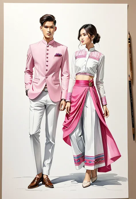 candid fashion illustration of two young man and women, 20-27 year old, adorned in a meticulously crafted North Thai traditional...