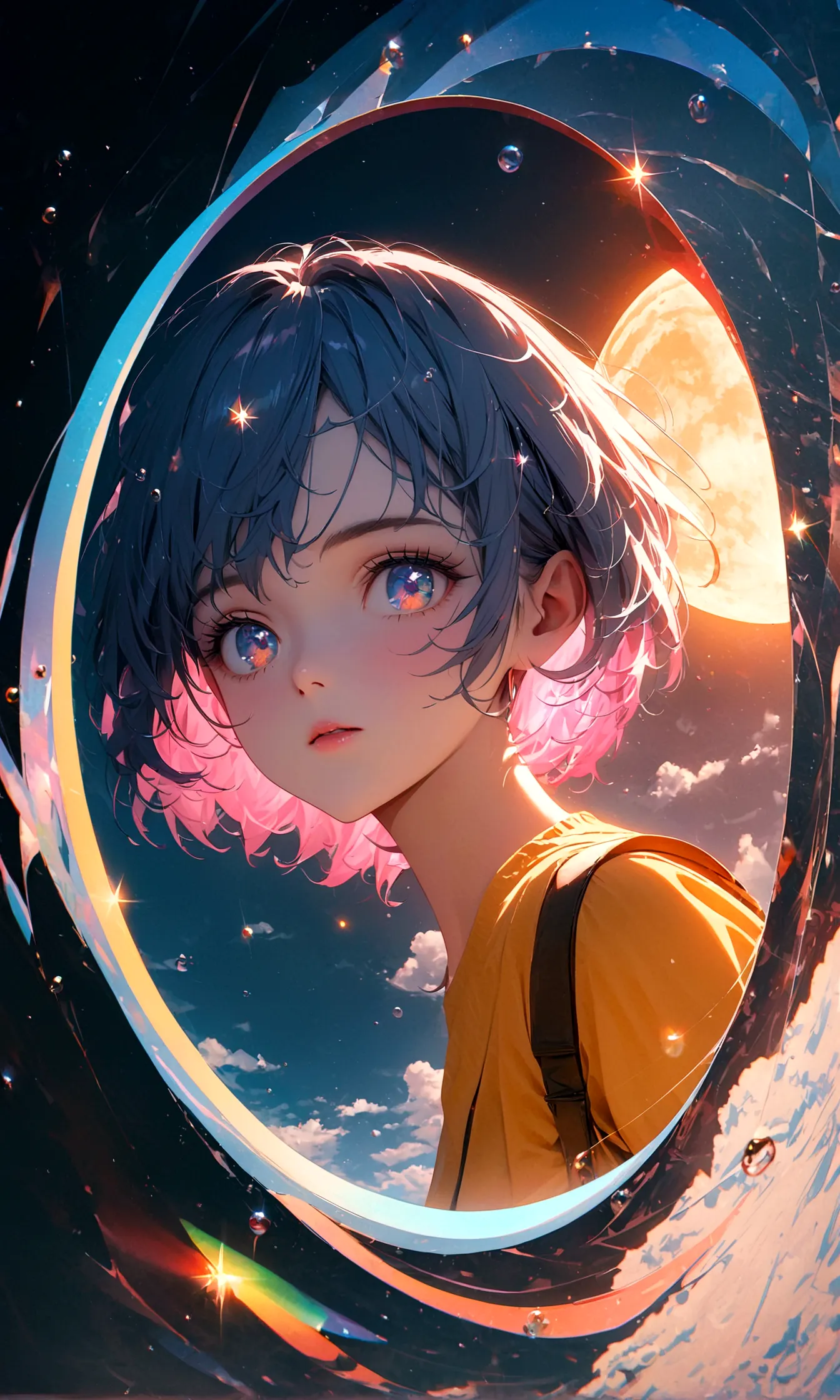(woman\(student, 15 years old, JK, Silver flowing short hair, Cosmic eyes, Black , Pale skin, Tired face，Eyes without luster\) look up to the sky), (Many goldfish swimming in the air), Beautiful sky, Beautiful clouds, In summer，Colorful flowers blooming ev...