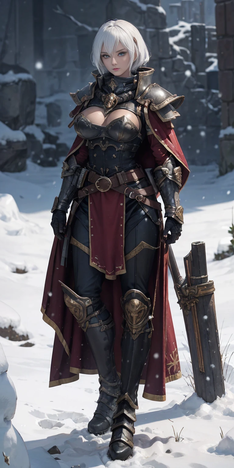 full body standind straight symmetrical, FEMALE warrior princess, big belt around waist, hair, very white skin like snow, wearing full heavy armor red cape, brown leather boots, adventurer outfit, veteran warrior milf bimbo