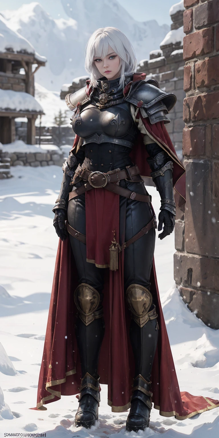 full body standind straight symmetrical, FEMALE warrior princess, big belt around waist, hair, very white skin like snow, wearing full heavy armor red cape, brown leather boots, adventurer outfit, veteran warrior milf bimbo