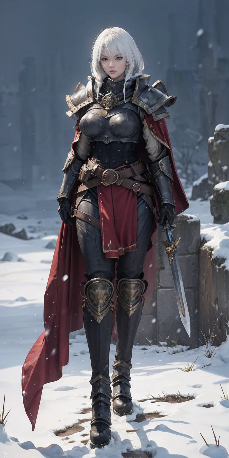 full body standind straight symmetrical, FEMALE warrior princess, big belt around waist, hair, very white skin like snow, wearing full heavy armor red cape, brown leather boots, adventurer outfit, veteran warrior milf bimbo