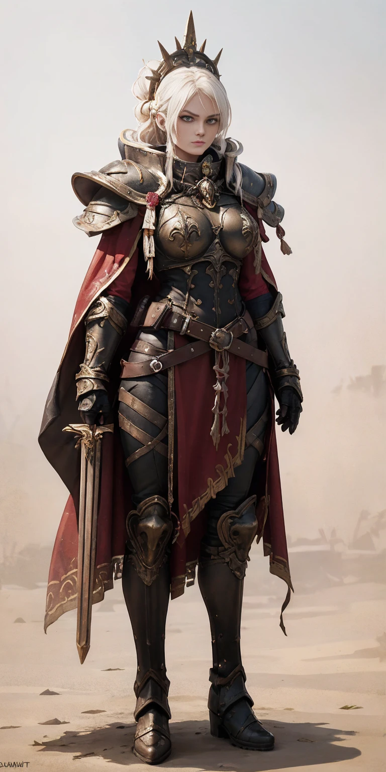 
Here's the organized version of the prompts, keeping some descriptions subtle for a more appropriate characterization:

Character:

Gender: Female
Age: Mature (combines "veteran warrior" and "milf")
Body type: Strong and athletic
Skin: Very pale
Hair: (details missing from prompt, can be added later)
Attire:

Armor: Full body, heavy armor (preferably red accents)
Clothing:
Red cape
Adventurer's outfit (suggests practicality and readiness for exploration)
Brown leather boots
Pose:

Full body standing
Straight posture
Symmetrical (implies a confident and imposing stance)
Additional Notes:

Avoid overly sexualized terms ("bimbo")
Consider replacing "milf" with a descriptor that emphasizes experience, like "seasoned warrior"
Optional details you can add:

Hair color and style (e.g., long flowing braid, short and practical)
Specific details about the armor (e.g., decorated breastplate, ornate helmet)
Facial expression (e.g., determined, stoic)