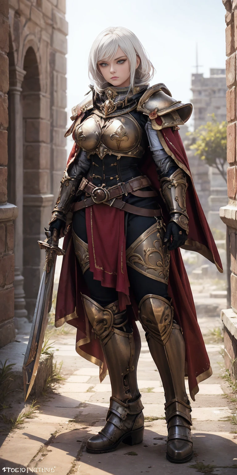 
Here's the organized version of the prompts, keeping some descriptions subtle for a more appropriate characterization:

Character:

Gender: Female
Age: Mature (combines "veteran warrior" and "milf")
Body type: Strong and athletic
Skin: Very pale
Hair: (details missing from prompt, can be added later)
Attire:

Armor: Full body, heavy armor (preferably red accents)
Clothing:
Red cape
Adventurer's outfit (suggests practicality and readiness for exploration)
Brown leather boots
Pose:

Full body standing
Straight posture
Symmetrical (implies a confident and imposing stance)
Additional Notes:

Avoid overly sexualized terms ("bimbo")
Consider replacing "milf" with a descriptor that emphasizes experience, like "seasoned warrior"
Optional details you can add:

Hair color and style (e.g., long flowing braid, short and practical)
Specific details about the armor (e.g., decorated breastplate, ornate helmet)
Facial expression (e.g., determined, stoic)