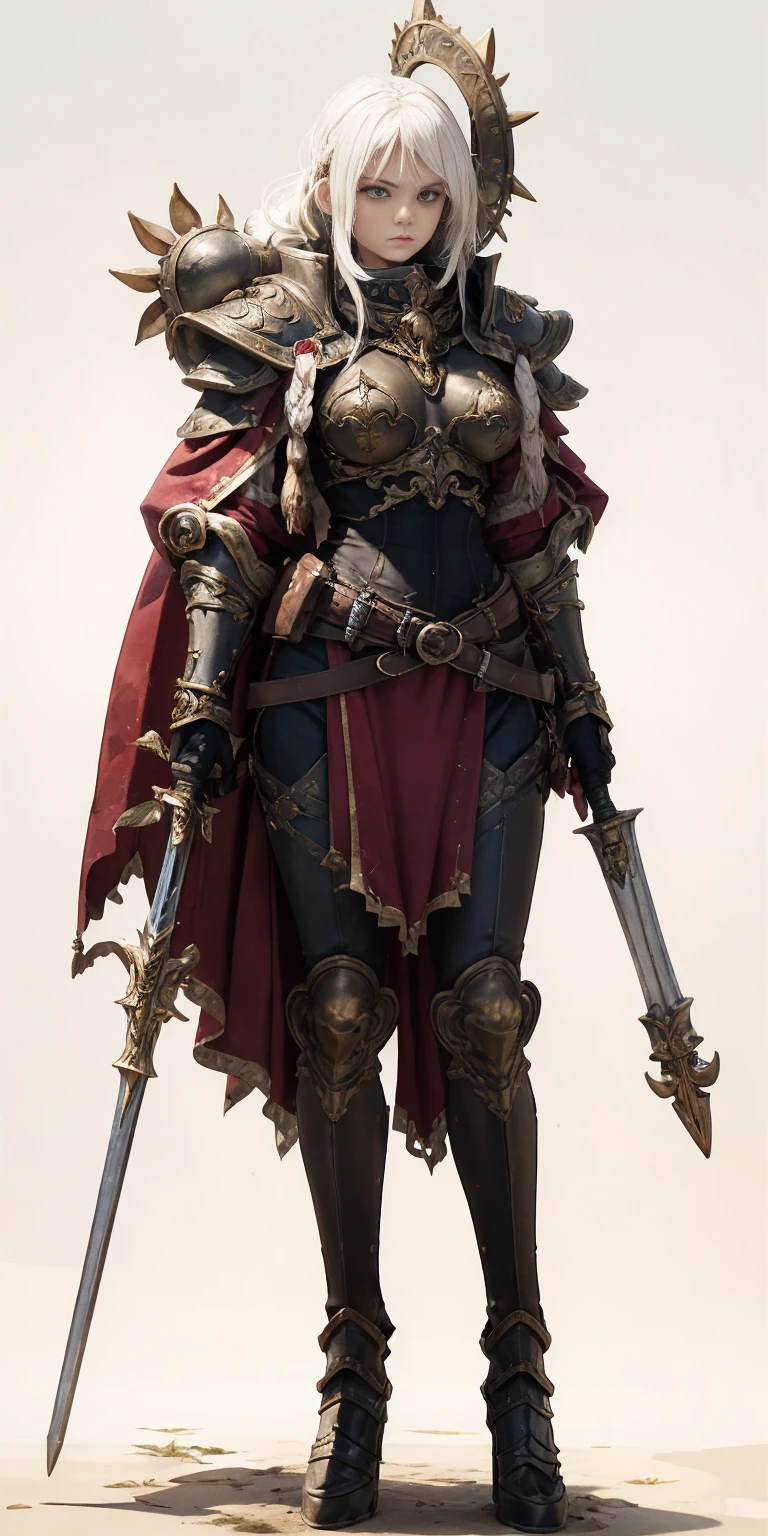 Character: Gender: Female Age: Mature (combines "veteran warrior" and "milf") Body type: Strong and athletic Skin: Very pale Hair: (details missing from prompt, can be added later) Attire: Armor: Full body, heavy armor (preferably red accents) Clothing: Red cape Adventurer's outfit (suggests practicality and readiness for exploration) Brown leather boots Pose: Full body standing Straight posture Symmetrical (implies a confident and imposing stance) Additional Notes: Avoid overly sexualized terms ("bimbo") Consider replacing "milf" with a descriptor that emphasizes experience, like "seasoned warrior" Optional details you can add: Hair color and style (e.g., long flowing braid, short and practical) Specific details about the armor (e.g., decorated breastplate, ornate helmet) Facial expression (e.g., determined, stoic)