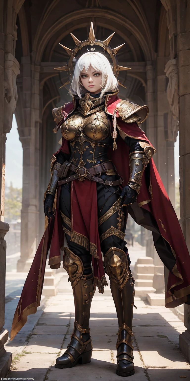 Character: Gender: Female Age: Mature (combines "veteran warrior" and "milf") Body type: Strong and athletic Skin: Very pale Hair: (details missing from prompt, can be added later) Attire: Armor: Full body, heavy armor (preferably red accents) Clothing: Red cape Adventurer's outfit (suggests practicality and readiness for exploration) Brown leather boots Pose: Full body standing Straight posture Symmetrical (implies a confident and imposing stance) Additional Notes: Avoid overly sexualized terms ("bimbo") Consider replacing "milf" with a descriptor that emphasizes experience, like "seasoned warrior" Optional details you can add: Hair color and style (e.g., long flowing braid, short and practical) Specific details about the armor (e.g., decorated breastplate, ornate helmet) Facial expression (e.g., determined, stoic)