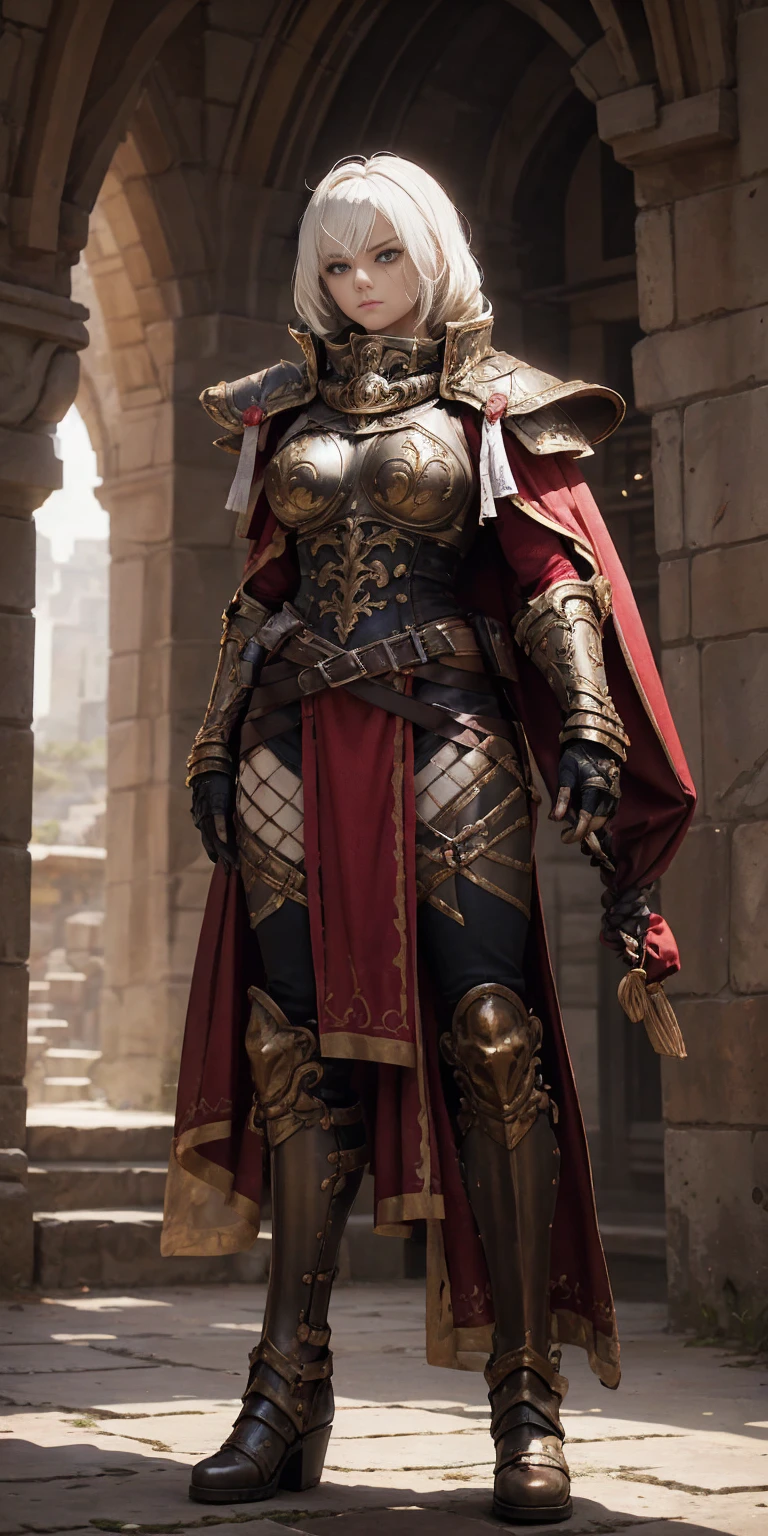 Character: Gender: Female Age: Mature (combines "veteran warrior" and "milf") Body type: Strong and athletic Skin: Very pale Hair: (details missing from prompt, can be added later) Attire: Armor: Full body, heavy armor (preferably red accents) Clothing: Red cape Adventurer's outfit (suggests practicality and readiness for exploration) Brown leather boots Pose: Full body standing Straight posture Symmetrical (implies a confident and imposing stance) Additional Notes: Avoid overly sexualized terms ("bimbo") Consider replacing "milf" with a descriptor that emphasizes experience, like "seasoned warrior" Optional details you can add: Hair color and style (e.g., long flowing braid, short and practical) Specific details about the armor (e.g., decorated breastplate, ornate helmet) Facial expression (e.g., determined, stoic)