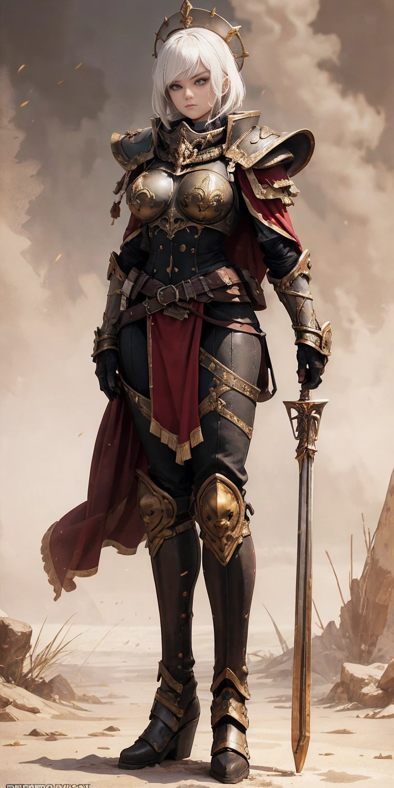 Character: Gender: Female Age: Mature (combines "veteran warrior" and "milf") Body type: Strong and athletic Skin: Very pale Hair: (details missing from prompt, can be added later) Attire: Armor: Full body, heavy armor (preferably red accents) Clothing: Red cape Adventurer's outfit (suggests practicality and readiness for exploration) Brown leather boots Pose: Full body standing Straight posture Symmetrical (implies a confident and imposing stance) Additional Notes: Avoid overly sexualized terms ("bimbo") Consider replacing "milf" with a descriptor that emphasizes experience, like "seasoned warrior" Optional details you can add: Hair color and style (e.g., long flowing braid, short and practical) Specific details about the armor (e.g., decorated breastplate, ornate helmet) Facial expression (e.g., determined, stoic)