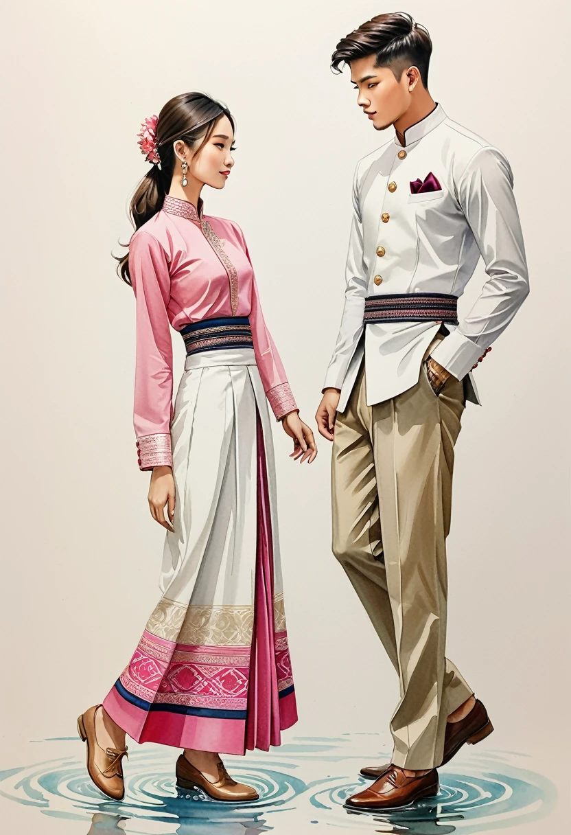 ilustración de moda sincera de dos hombres y mujeres jóvenes, 20-2, adornado con trajes tradicionales del norte de Tailandia meticulosamente elaborados, Tipo, ((escaparate de moda estilo Lanna en algodón tejido a mano en color rosa)), estilo sencillo y elegante, El hombre viste un sencillo traje blanco de manga larga con cuello mao., combinado con pantalones de sastre, y zapatos oxford, La mujer lo complementa con falda cruzada hasta los tobillos., detalles de patrones minimalistas simples, blusa ajustada hasta la cintura intrincadamente decorada que complementa la falda, de pie, Capturado en imagen de cuerpo completo., ((fondo de color de agua imperfecto)), dibujando, dibujo realista, pintura de acuarela imperfecta, libro de look de moda, ilustrador de moda, diseño de boceto,