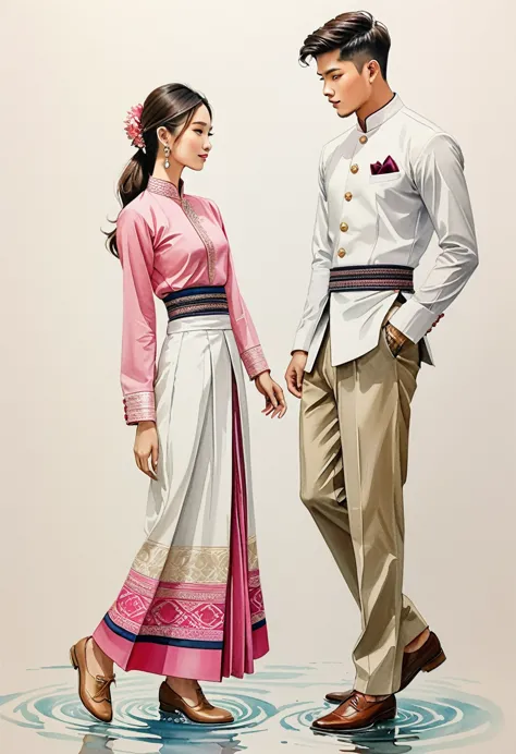 candid fashion illustration of two young man and women, 20-27 year old, adorned in a meticulously crafted north thai traditional...