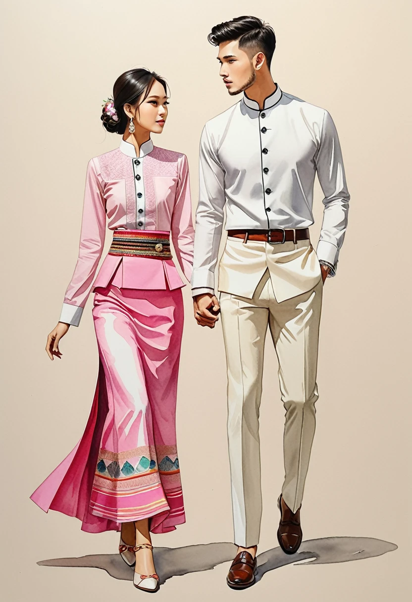 ilustración de moda sincera de dos hombres y mujeres jóvenes, 20-2, adornado con trajes tradicionales del norte de Tailandia meticulosamente elaborados, Tipo, ((escaparate de moda estilo Lanna en algodón tejido a mano en color rosa)), estilo sencillo y elegante, El hombre viste un sencillo traje blanco de manga larga con cuello mao., combinado con pantalones de sastre, y zapatos oxford, La mujer lo complementa con falda cruzada hasta los tobillos., detalles de patrones minimalistas simples, blusa ajustada hasta la cintura intrincadamente decorada que complementa la falda, de pie, Capturado en imagen de cuerpo completo., ((fondo de color de agua imperfecto)), dibujando, dibujo realista, pintura de acuarela imperfecta, libro de look de moda, ilustrador de moda, diseño de boceto,