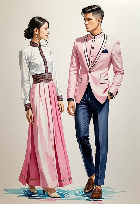 candid fashion illustration of two young man and women, 20-27 year old, adorned in a meticulously crafted North Thai traditional...