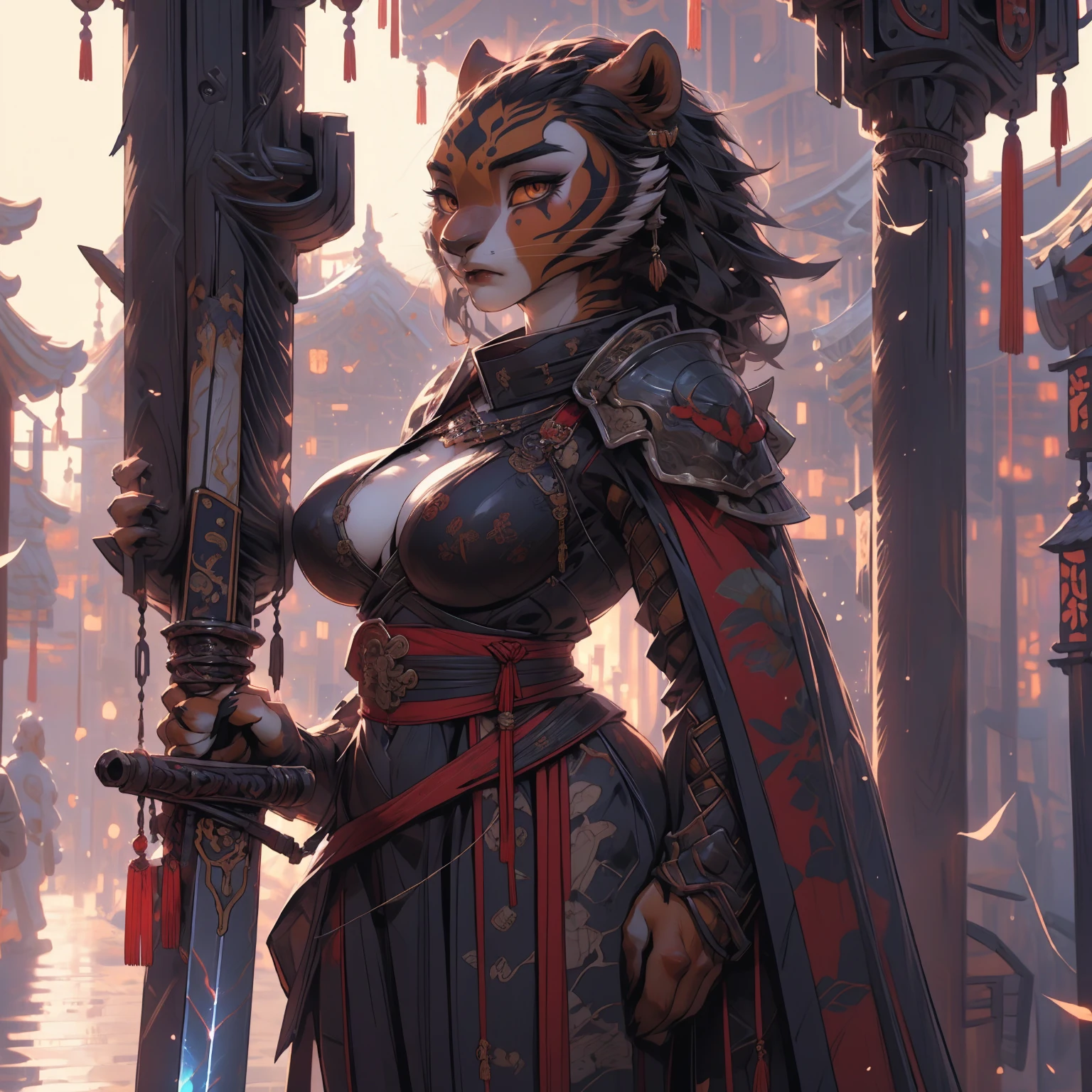 uploaded on e621, explicit content, 3d, (bastika, cutesexyrobutts, hioshiru), female, solo, mastertigress, castle, medieval japan, dusk setting, (armor, armor cruzade:1.2), large breasts, natural breasts, milf, standing, three quarters portrait, closeup, Chinese style, glowing sword, figthing pose