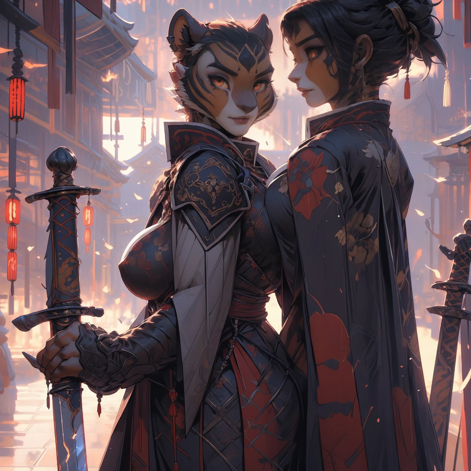 uploaded on e621, explicit content, 3d, (bastika, cutesexyrobutts, hioshiru), female, solo, mastertigress, castle, medieval japan, dusk setting, (armor, armor cruzade:1.2), large breasts, natural breasts, milf, standing, three quarters portrait, closeup, Chinese style, glowing sword, figthing pose