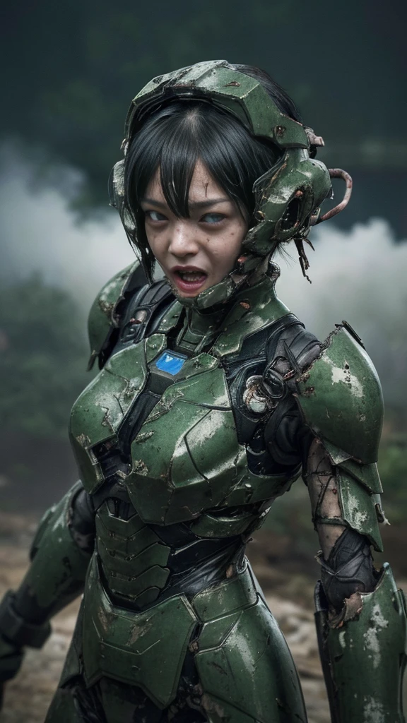 , Advanced Details, high quality, 最high quality, High resolution, 1080P 、Bleeding from the wound、Sexy Eyes、Wearing green and black、cute((The whole body is sweating))(Equipped with a damaged battle suit....)(Dark green armor)(Broken Armor)Black Hair、Chiquita、short hair、Open your mouth、Painful expression、It hurts again、Healthy Skin、20-year-old female　defeat　(Steam coming out of the face) ((Steam from the body)) 　Unable to fight　Severe attacks　((Sinking to the ground)) Ground cracking　Headgear is broken.　)) flying debris　bare hands　Armor Stripping　Headgear explodes