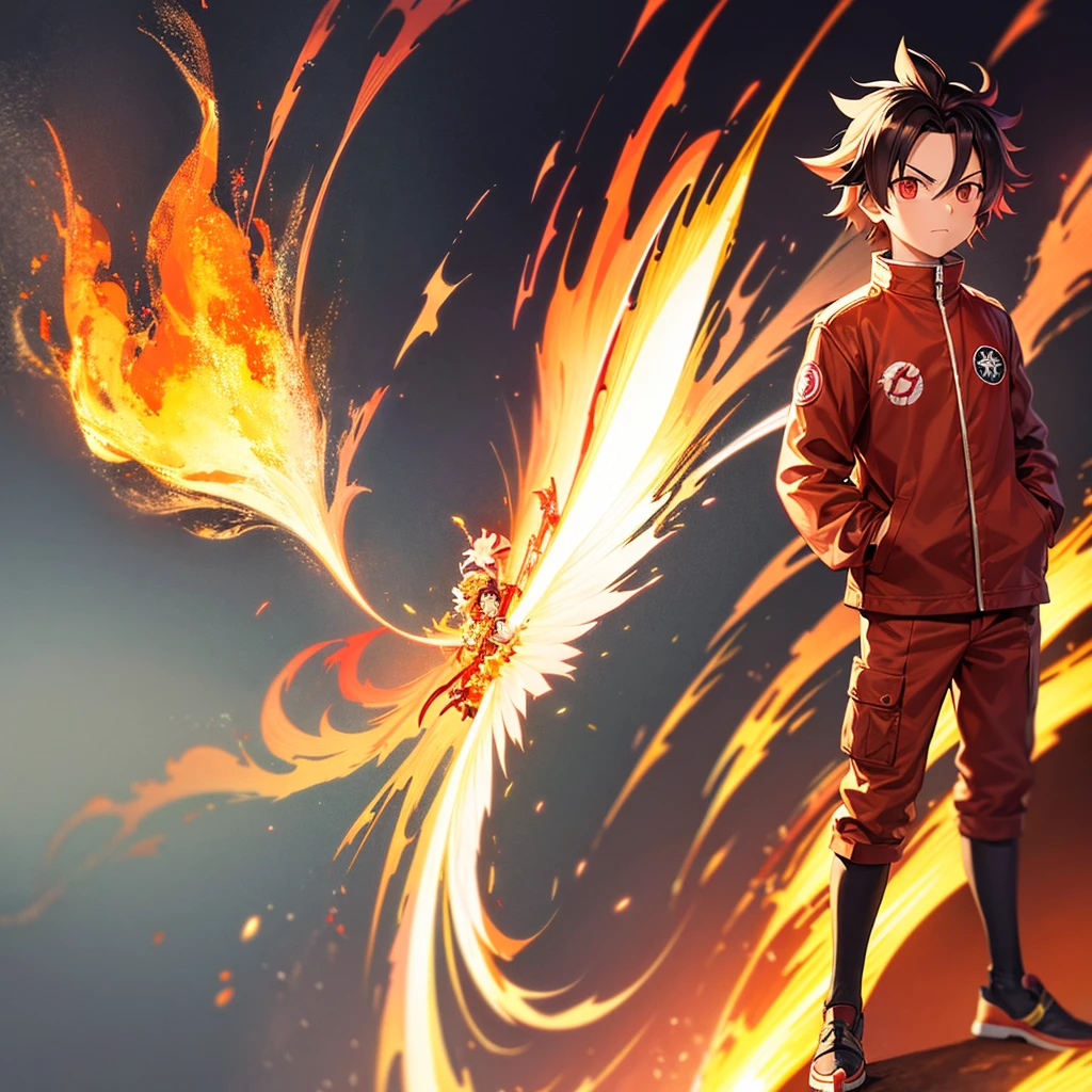 Male, Rengoku clan, wearing pilot goggles and barnstormer jacket with flame design, standing at attention, hands in pockets, fully in frame, full body shot, facing viewer, lone figure, sole person, Demon Slayer style