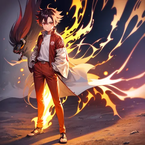 male, rengoku clan, wearing pilot goggles and barnstormer jacket with flame design, standing at attention, hands in pockets, ful...