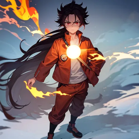 male, rengoku clan, wearing pilot goggles and barnstormer jacket with flame design, standing at attention, hands in pockets, ful...