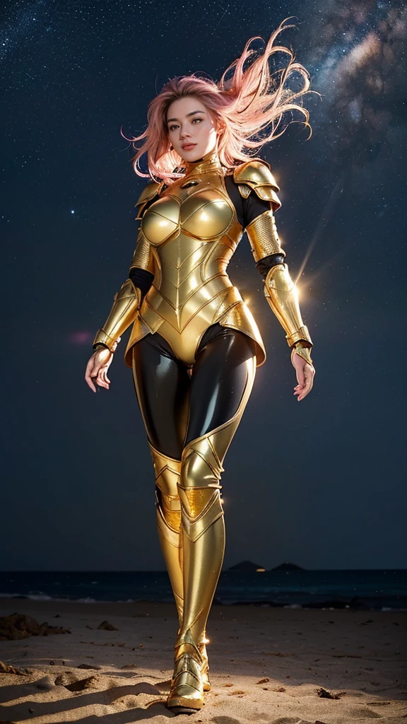 ((best quality)), ((masterpiece)), (ultra detailed lights), ((full body:1.3)), ((skinny body)), 1girl, extremely beautiful, ((slim body)), thighs gap, ultra face details, 20 years old, ((pink curvy-hair)), ((hair blown by strong winds :1.3)), Award-winning photograph, ((symmetrical pose)), ((full body golden armor)), posing in the middle, intricate details, ((thight golden armour)), ((extremely details armor)), ((tight latex pants)), ((full thighs golden armor)), ((24k-gold armor)), ((edge luminous armor)), cameltoe, luminescent, epic lights reflections, at beach, full of stars, orange clouds, nebula sky, aurora borealis, shooting stars, ((from below))