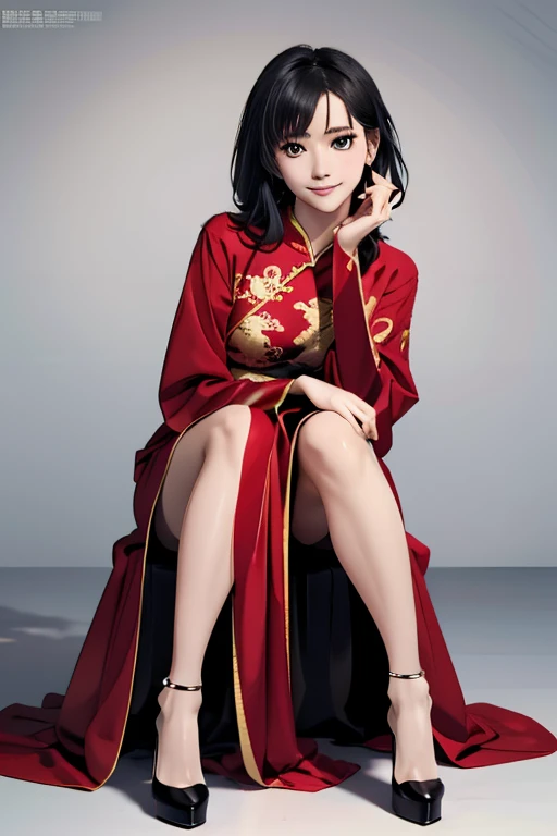 Highest quality　High resolution　Simple　ONEPEACE Cute girl cosplaying as Boa Hancock　Long black hair　Red shiny outfit　Red Chinese Dress　High heels　head to feet