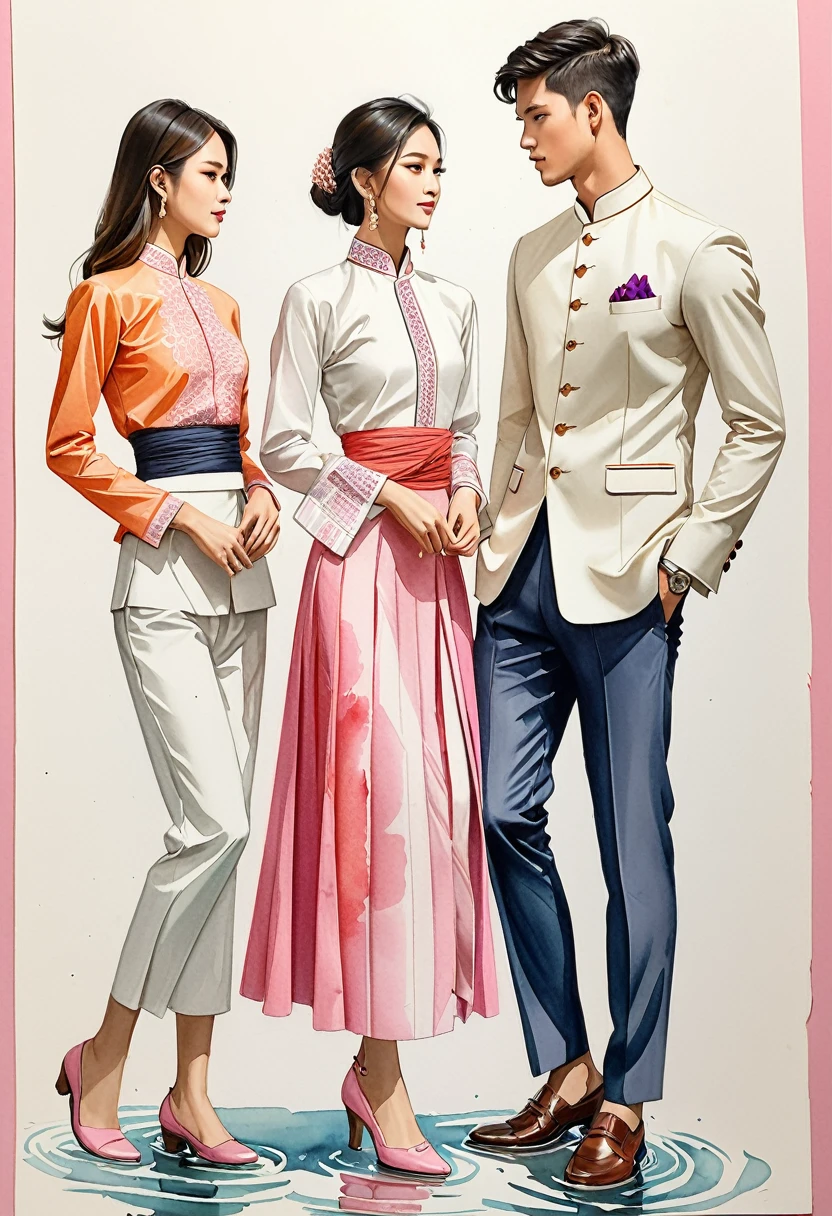 candid fashion illustration of two young man and women, 20-27 year old, adorned in a meticulously crafted North Thai traditional outfits, Lampang, ((showcase fashion Lanna style in cotton handwoven in pink)), simple elegant style, The man wears a simple long-sleeved white mandarin collar suit, paired with Tailor pants, and oxford shoes, The woman complements him with ankle-length wrap skirt, simple minimal patterns details, fitted intricately decorated waist-length blouse that complements the skirt, standing, Captured in full-body image, ((imperfect water color background)), sketching, realistic drawing, imperfect water color painting, fashion look book, fashion illustrator, sketch design,