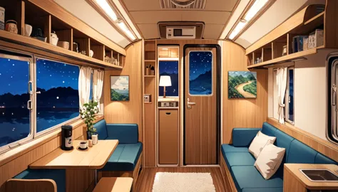 inside this converted bus，a woman lives in it，the whole space exudes the lofi style、a unique atmosphere where the styles of laur...