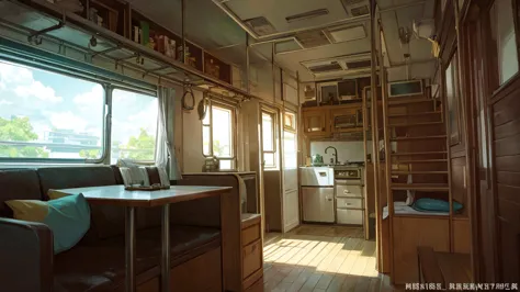 inside this converted bus，a woman lives in it，the whole space exudes the lofi style、a unique atmosphere where the styles of laur...