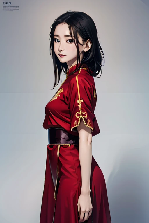 la plus haute qualité　haute résolution　simple　ONEPEACE Jolie fille cosplayant le rôle de Boa Hancock　longs cheveux noirs　Tenue rouge brillante　Robe chinoise rouge　