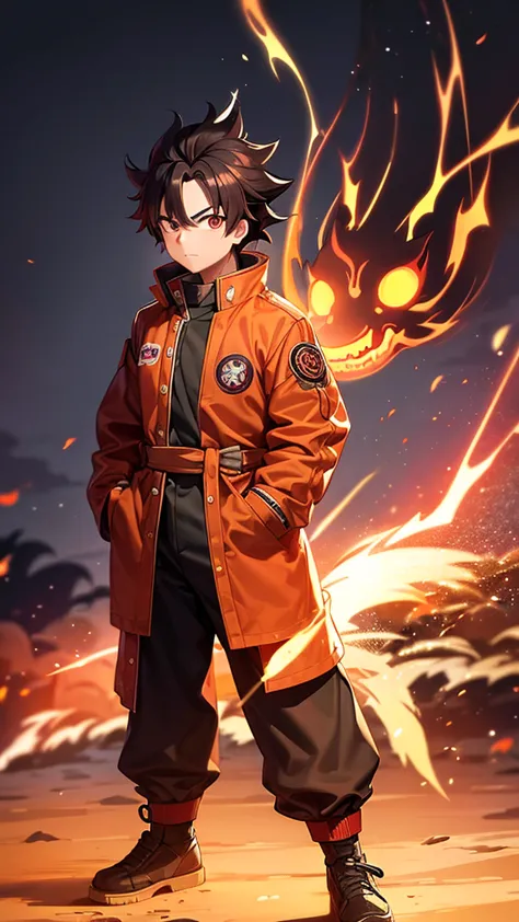 male, rengoku clan, wearing pilot goggles and barnstormer jacket with flame design, light stubble on chin, standing at attention...