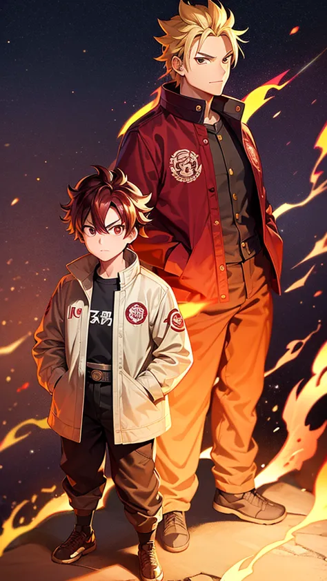 male, rengoku clan, wearing pilot goggles and barnstormer jacket with flame design, light stubble on chin, standing at attention...