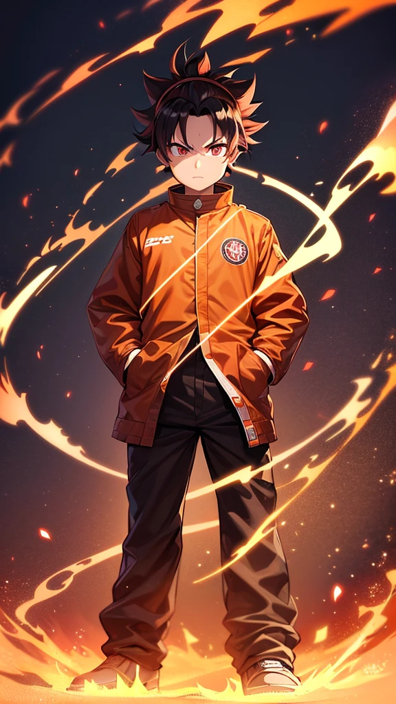 Male, Rengoku clan, wearing pilot goggles and barnstormer jacket with flame design, light stubble on chin, standing at attention, hands in pockets, fully in frame, full body shot, facing viewer, lone figure, sole person, Demon Slayer style