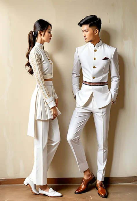 candid fashion illustration of two young man and women, 20-27 year old, adorned in a meticulously crafted North Thai traditional...