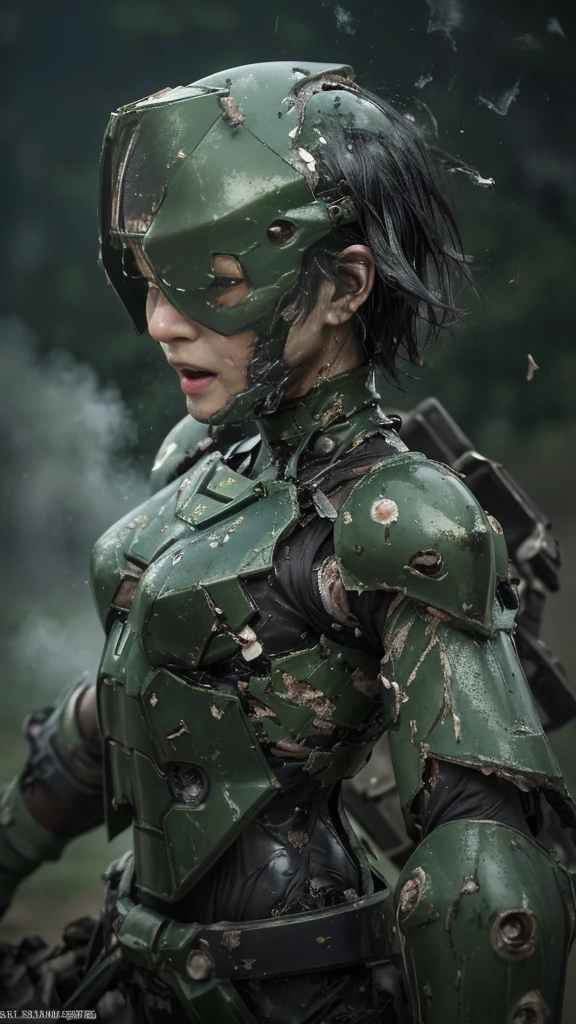 , Advanced Details, high quality, 最high quality, High resolution, 1080P 、Bleeding from the wound、Sexy Eyes、Wearing green and black、cute((The whole body is sweating))(Equipped with a damaged battle suit....)(Dark green armor)(Broken Armor)Black Hair、Chiquita、short hair、Open your mouth、Crying expression、It hurts again、Healthy Skin、20-year-old female　defeat　(Steam coming out of the face) ((Steam from the body)) 　Unable to fight　Severe attacks　((Sinking to the ground)) Ground cracking　Headgear is broken.　)) flying debris　bare hands　Armor Stripping　Sweaty Head　Sweaty face　Sweat flying　Headgear explodes　(Does not expose skin at all)