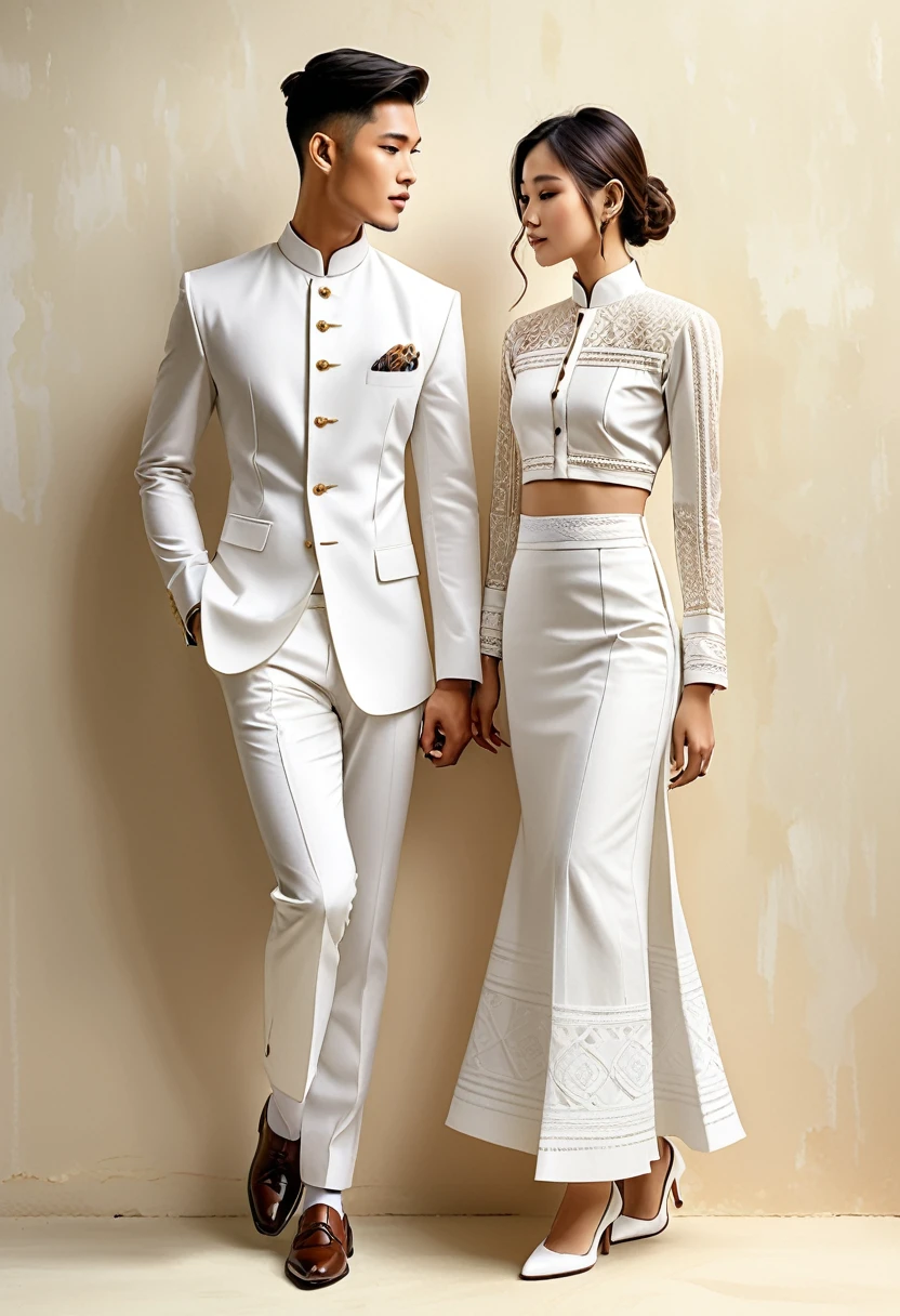 candid fashion illustration of two young man and women, 20-27 year old, adorned in a meticulously crafted North Thai traditional outfits, Lampang, ((showcase fashion Lanna style in cotton handwoven all in white)), simple elegant style, The man wears a simple long-sleeved white mandarin collar suit, paired with Tailor pants, and oxford shoes, The woman complements him with ((white tubular skirt)), ankle-length,  simple minimal patterns details, fitted intricately decorated blouse that complements the skirt, standing pose, Captured in full-body image, ((imperfect water color background)), sketching, realistic drawing, imperfect water color painting, fashion look book, fashion illustrator, sketch design,