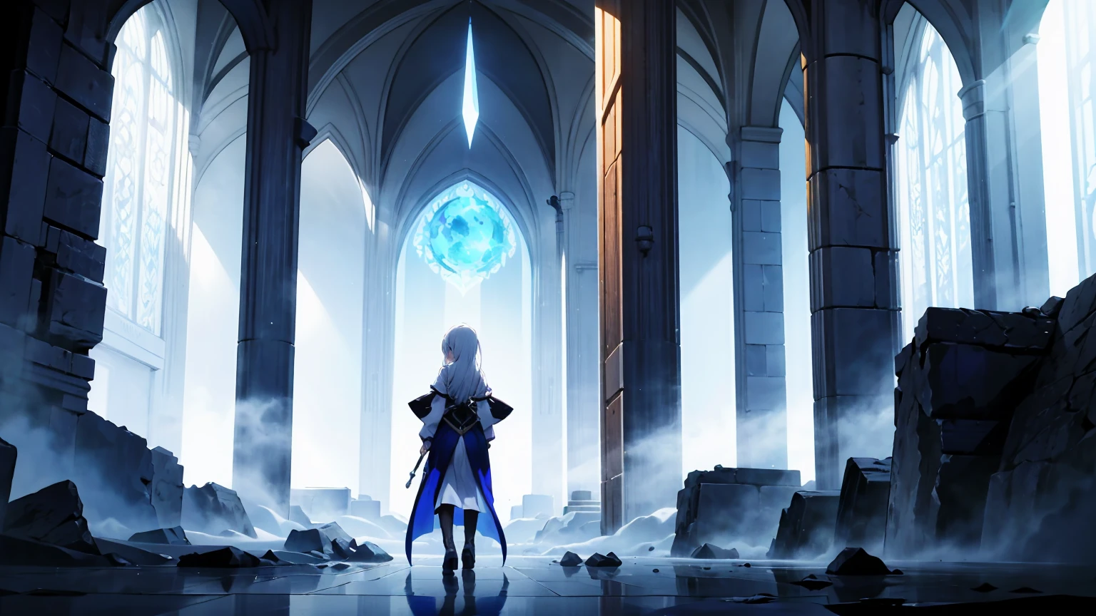 This image is a digital artwork inspired by anime and manga, exuding a fantasy atmosphere. In the center, there is a character with long silver hair, elegantly dressed in a combat outfit with black and gray armor. She carries a large sword on her back, its hilt extending towards the sky. Surrounding the character are fragments of blue-purple crystals or mirror-like pieces floating in the air, reflecting light. The background consists of a sky with clouds, with mysterious light seemingly descending from the sky. Additionally, between the foreground and background of the image, the word "Igallta" is scattered in various directions in alphabets and symbols. The use of light and shadow, the dynamic pose of the character, and the floating objects create a sense of visual depth and movement in the image. Overall, this artwork is narrative, prompting viewers to imagine the story behind the character.,ゆるキャラ