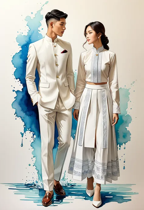 candid fashion illustration of two young man and women, 20-27 year old, adorned in a meticulously crafted North Thai traditional...