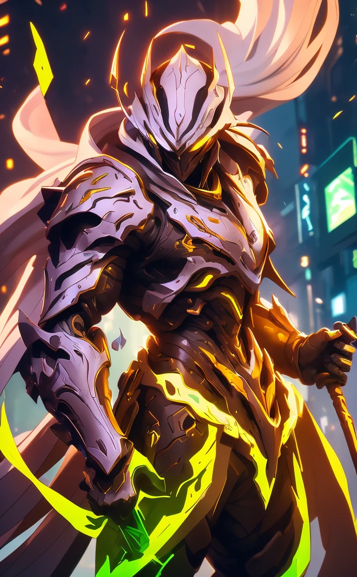 arafed image of a robot with a sword in a city, from arknights, guilty gear strive splash art, gold paladin, style of duelyst, epic paladin armor, arknights, ares with heavy armor and sword, cool mecha style, krenz cushart and wenjun lin, 8k hd wallpaperjpeg artifact neon purple 