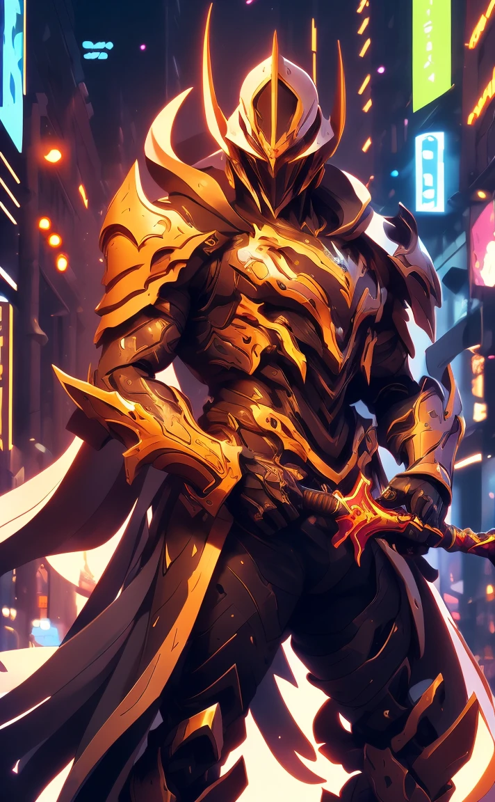 arafed image of a robot with a sword in a city, from arknights, guilty gear strive splash art, gold paladin, style of duelyst, epic paladin armor, arknights, ares with heavy armor and sword, cool mecha style, krenz cushart and wenjun lin, 8k hd wallpaperjpeg artifact neon purple 